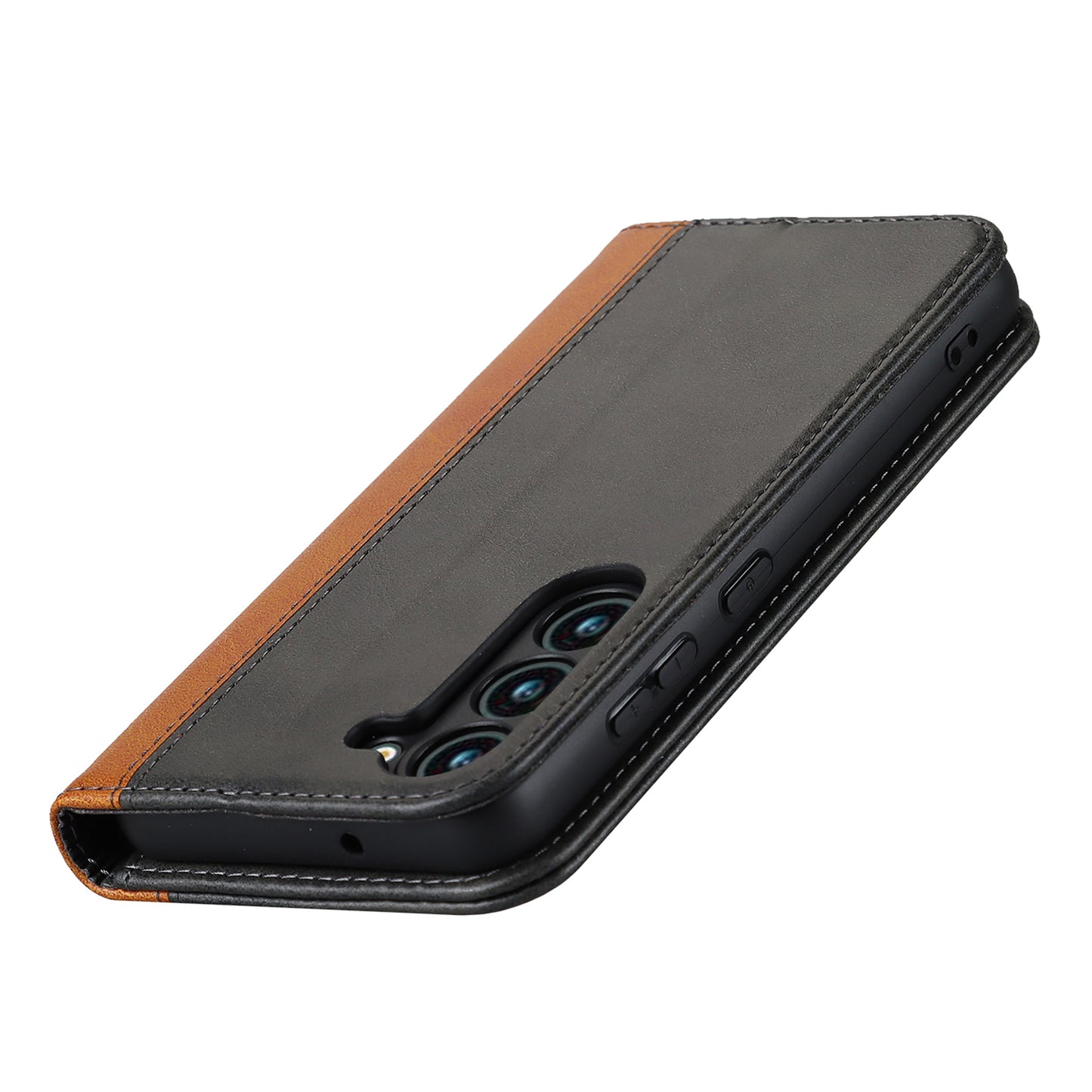 For Samsung Galaxy S23+ Phone Cover Bi-color Splicing Magnetic Closure PU Leather Calf Texture Stand Flip Wallet Case