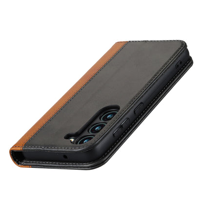 For Samsung Galaxy S23+ Phone Cover Bi-color Splicing Magnetic Closure PU Leather Calf Texture Stand Flip Wallet Case