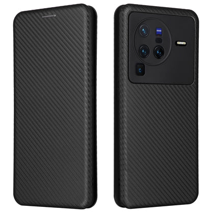 For vivo X80 Pro 5G Carbon Fiber Texture PU Leather Stand Case Magnetic Auto-absorbed Folio Flip Phone Cover with Card Holder