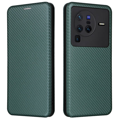 For vivo X80 Pro 5G Carbon Fiber Texture PU Leather Stand Case Magnetic Auto-absorbed Folio Flip Phone Cover with Card Holder