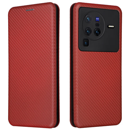 For vivo X80 Pro 5G Carbon Fiber Texture PU Leather Stand Case Magnetic Auto-absorbed Folio Flip Phone Cover with Card Holder