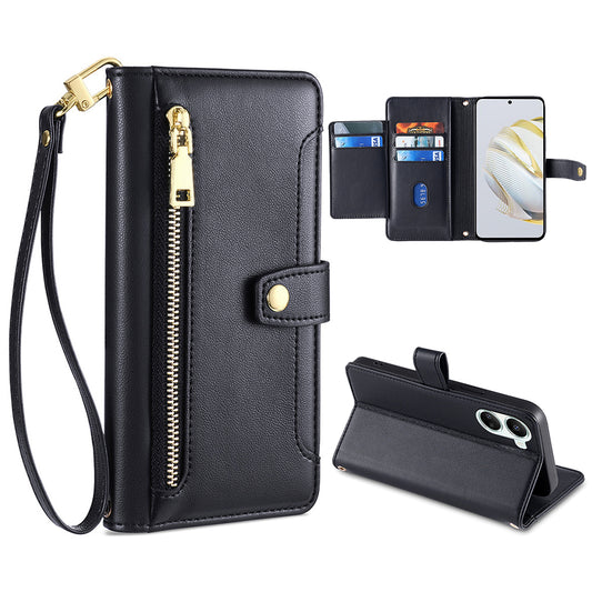 For Huawei nova 10 SE 4G PU Leather Hands-free Stand Case Zipper Pocket Card Slots Flip Phone Cover with Wrist Strap and Shoulder Strap