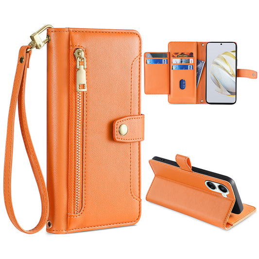 For Huawei nova 10 SE 4G PU Leather Hands-free Stand Case Zipper Pocket Card Slots Flip Phone Cover with Wrist Strap and Shoulder Strap