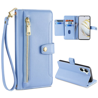 For Huawei nova 10 SE 4G PU Leather Hands-free Stand Case Zipper Pocket Card Slots Flip Phone Cover with Wrist Strap and Shoulder Strap