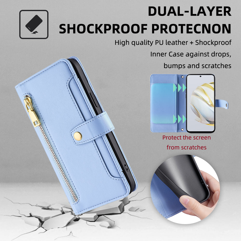 For Huawei nova 10 SE 4G PU Leather Hands-free Stand Case Zipper Pocket Card Slots Flip Phone Cover with Wrist Strap and Shoulder Strap