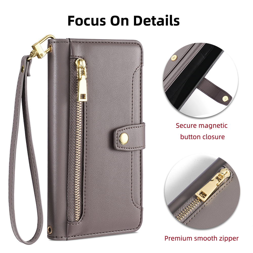 For Huawei nova 10 SE 4G PU Leather Hands-free Stand Case Zipper Pocket Card Slots Flip Phone Cover with Wrist Strap and Shoulder Strap