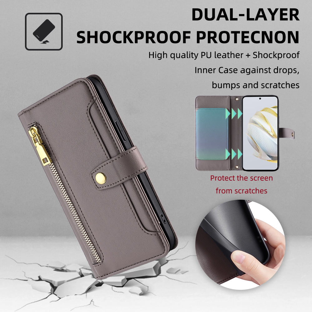 For Huawei nova 10 SE 4G PU Leather Hands-free Stand Case Zipper Pocket Card Slots Flip Phone Cover with Wrist Strap and Shoulder Strap