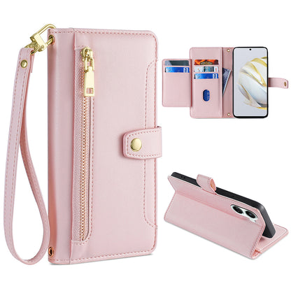 For Huawei nova 10 SE 4G PU Leather Hands-free Stand Case Zipper Pocket Card Slots Flip Phone Cover with Wrist Strap and Shoulder Strap