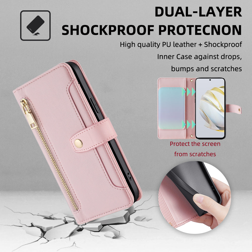 For Huawei nova 10 SE 4G PU Leather Hands-free Stand Case Zipper Pocket Card Slots Flip Phone Cover with Wrist Strap and Shoulder Strap