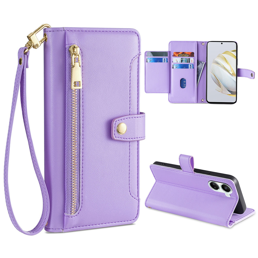 For Huawei nova 10 SE 4G PU Leather Hands-free Stand Case Zipper Pocket Card Slots Flip Phone Cover with Wrist Strap and Shoulder Strap