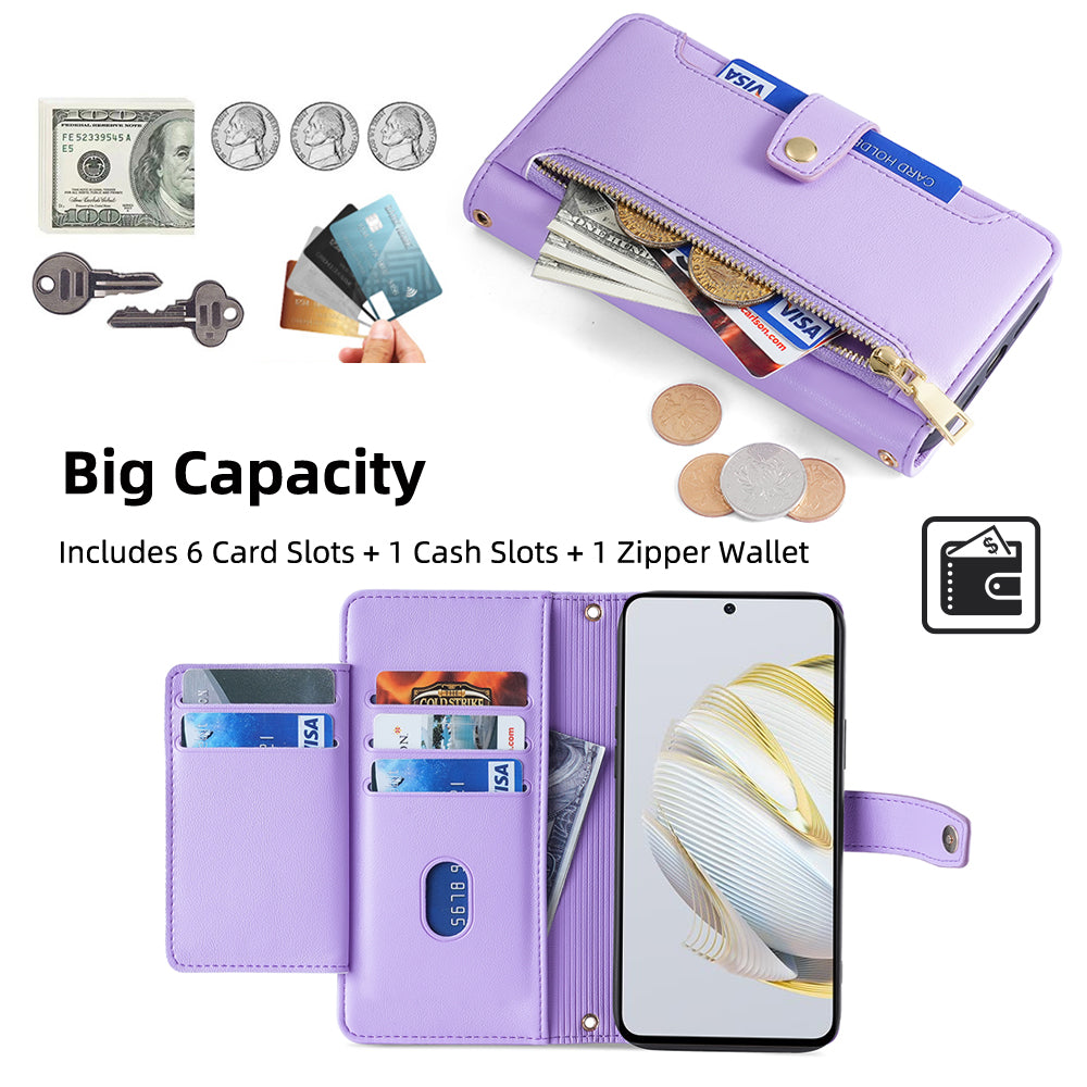 For Huawei nova 10 SE 4G PU Leather Hands-free Stand Case Zipper Pocket Card Slots Flip Phone Cover with Wrist Strap and Shoulder Strap