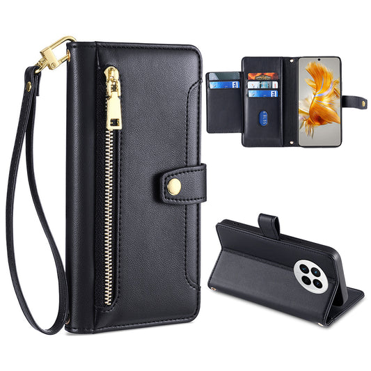 For Huawei Mate 50 4G PU Leather Hands-free Stand Case Zipper Pocket Card Slots Flip Phone Cover with Wrist Strap and Shoulder Strap