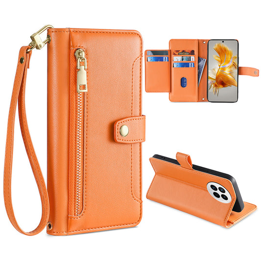 For Huawei Mate 50 4G PU Leather Hands-free Stand Case Zipper Pocket Card Slots Flip Phone Cover with Wrist Strap and Shoulder Strap