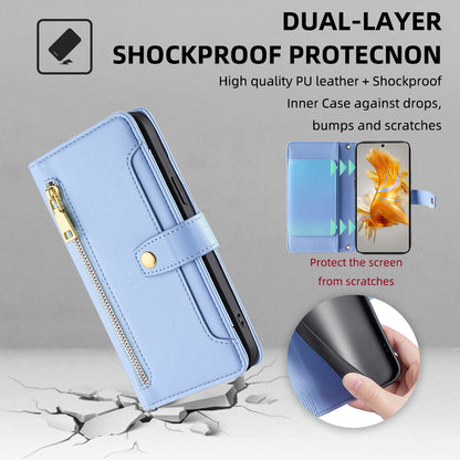 For Huawei Mate 50 4G PU Leather Hands-free Stand Case Zipper Pocket Card Slots Flip Phone Cover with Wrist Strap and Shoulder Strap