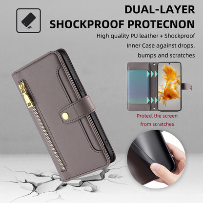 For Huawei Mate 50 4G PU Leather Hands-free Stand Case Zipper Pocket Card Slots Flip Phone Cover with Wrist Strap and Shoulder Strap