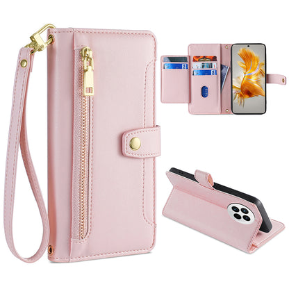 For Huawei Mate 50 4G PU Leather Hands-free Stand Case Zipper Pocket Card Slots Flip Phone Cover with Wrist Strap and Shoulder Strap