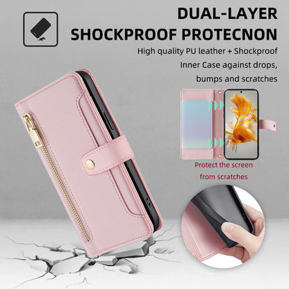 For Huawei Mate 50 4G PU Leather Hands-free Stand Case Zipper Pocket Card Slots Flip Phone Cover with Wrist Strap and Shoulder Strap