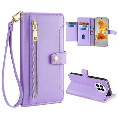 For Huawei Mate 50 4G PU Leather Hands-free Stand Case Zipper Pocket Card Slots Flip Phone Cover with Wrist Strap and Shoulder Strap