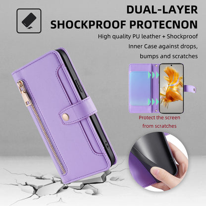 For Huawei Mate 50 4G PU Leather Hands-free Stand Case Zipper Pocket Card Slots Flip Phone Cover with Wrist Strap and Shoulder Strap
