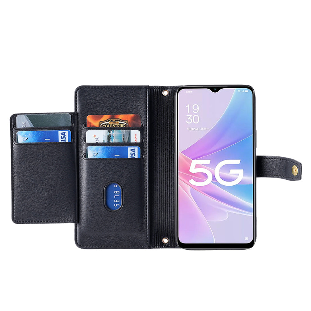 For Oppo A58 5G Textured PU Leather Wallet Case Multiple Card Slots Magnetic Closure Zipper Pocket Stand Phone Cover with Wrist Strap and Shoulder Strap