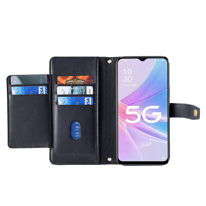 For Oppo A58 5G Textured PU Leather Wallet Case Multiple Card Slots Magnetic Closure Zipper Pocket Stand Phone Cover with Wrist Strap and Shoulder Strap