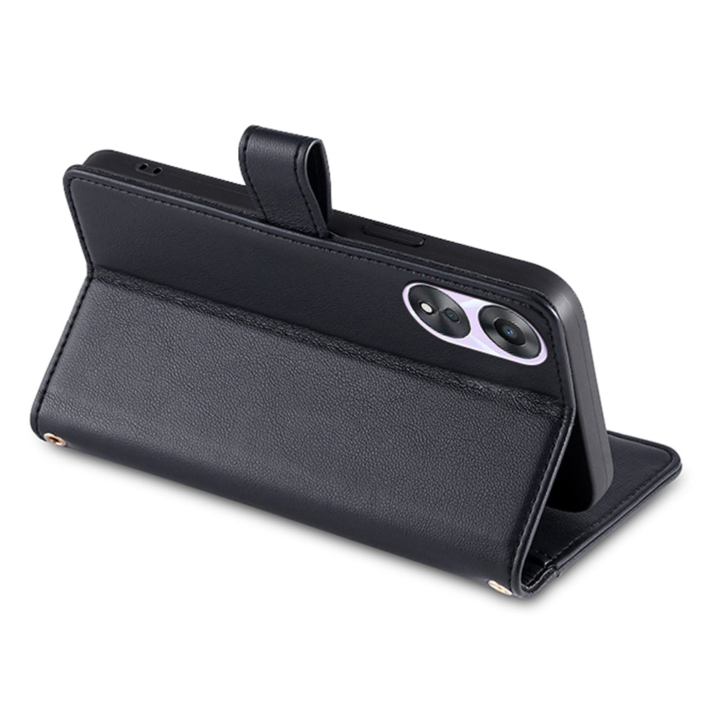 For Oppo A58 5G Textured PU Leather Wallet Case Multiple Card Slots Magnetic Closure Zipper Pocket Stand Phone Cover with Wrist Strap and Shoulder Strap