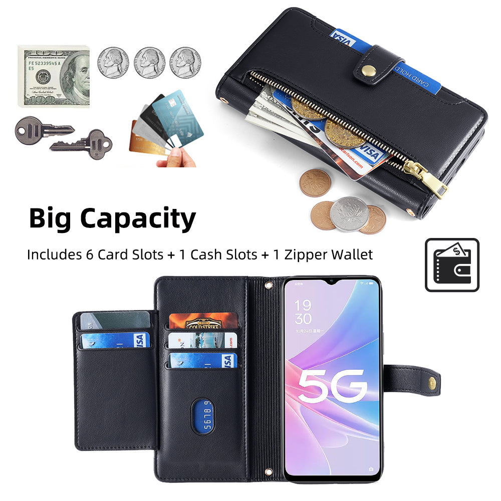 For Oppo A58 5G Textured PU Leather Wallet Case Multiple Card Slots Magnetic Closure Zipper Pocket Stand Phone Cover with Wrist Strap and Shoulder Strap