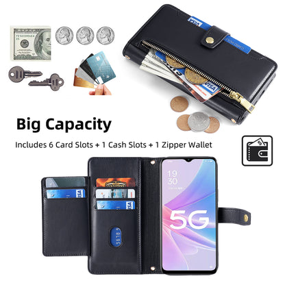 For Oppo A58 5G Textured PU Leather Wallet Case Multiple Card Slots Magnetic Closure Zipper Pocket Stand Phone Cover with Wrist Strap and Shoulder Strap