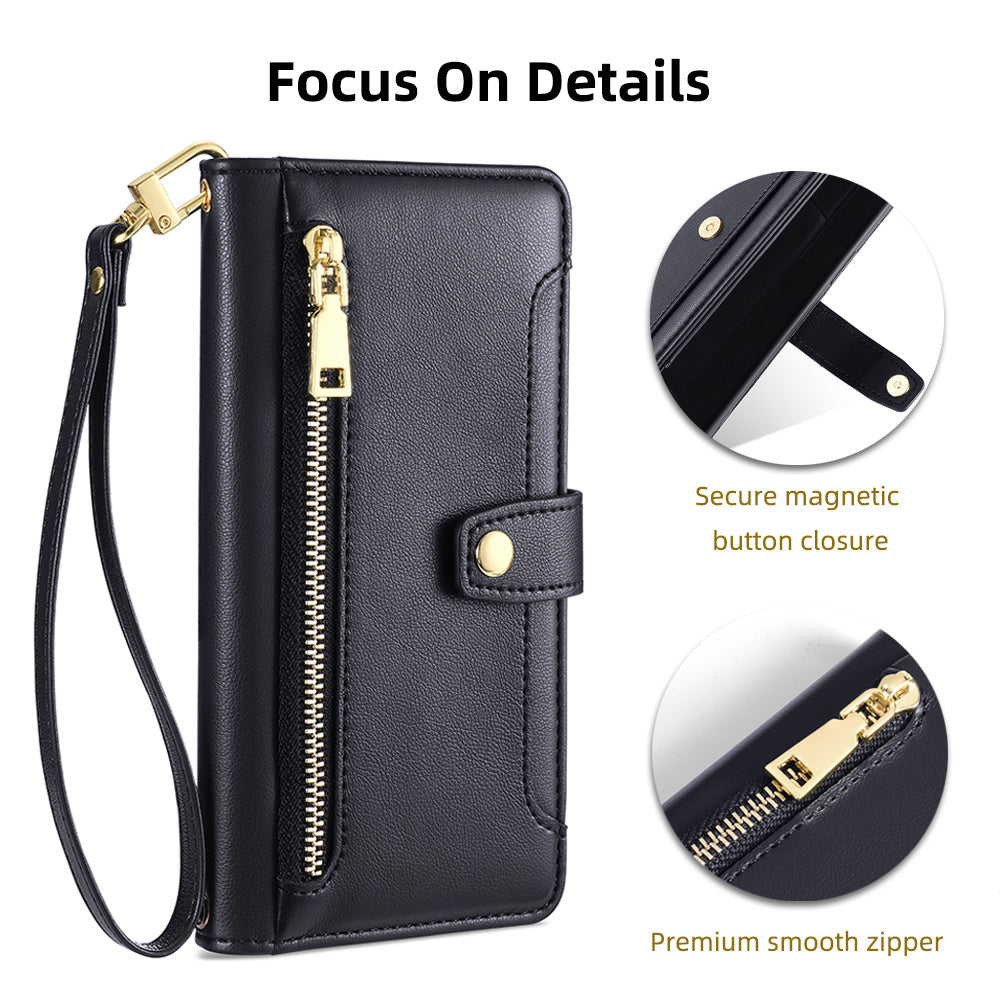 For Oppo A58 5G Textured PU Leather Wallet Case Multiple Card Slots Magnetic Closure Zipper Pocket Stand Phone Cover with Wrist Strap and Shoulder Strap
