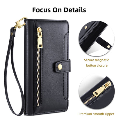 For Oppo A58 5G Textured PU Leather Wallet Case Multiple Card Slots Magnetic Closure Zipper Pocket Stand Phone Cover with Wrist Strap and Shoulder Strap