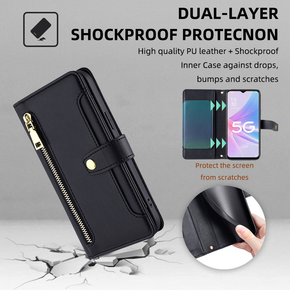 For Oppo A58 5G Textured PU Leather Wallet Case Multiple Card Slots Magnetic Closure Zipper Pocket Stand Phone Cover with Wrist Strap and Shoulder Strap