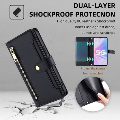 For Oppo A58 5G Textured PU Leather Wallet Case Multiple Card Slots Magnetic Closure Zipper Pocket Stand Phone Cover with Wrist Strap and Shoulder Strap