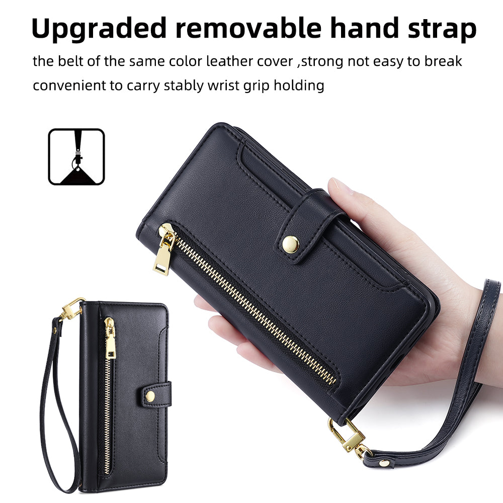 For Oppo A58 5G Textured PU Leather Wallet Case Multiple Card Slots Magnetic Closure Zipper Pocket Stand Phone Cover with Wrist Strap and Shoulder Strap