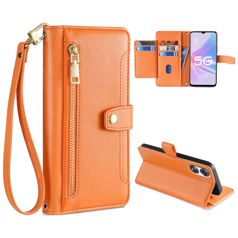 For Oppo A58 5G Textured PU Leather Wallet Case Multiple Card Slots Magnetic Closure Zipper Pocket Stand Phone Cover with Wrist Strap and Shoulder Strap