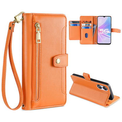 For Oppo A58 5G Textured PU Leather Wallet Case Multiple Card Slots Magnetic Closure Zipper Pocket Stand Phone Cover with Wrist Strap and Shoulder Strap