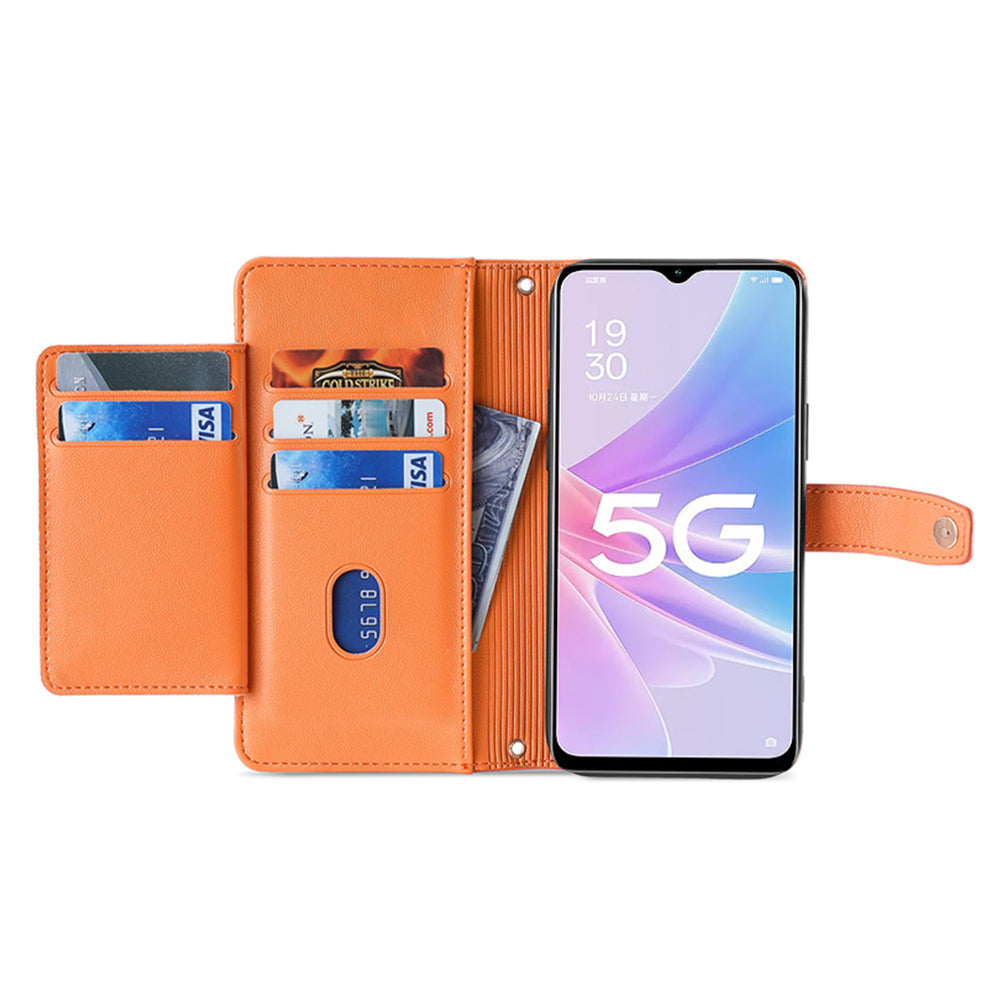 For Oppo A58 5G Textured PU Leather Wallet Case Multiple Card Slots Magnetic Closure Zipper Pocket Stand Phone Cover with Wrist Strap and Shoulder Strap