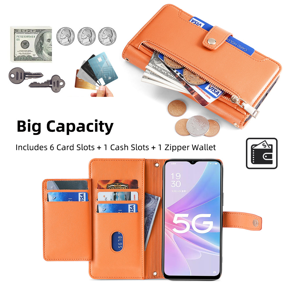 For Oppo A58 5G Textured PU Leather Wallet Case Multiple Card Slots Magnetic Closure Zipper Pocket Stand Phone Cover with Wrist Strap and Shoulder Strap