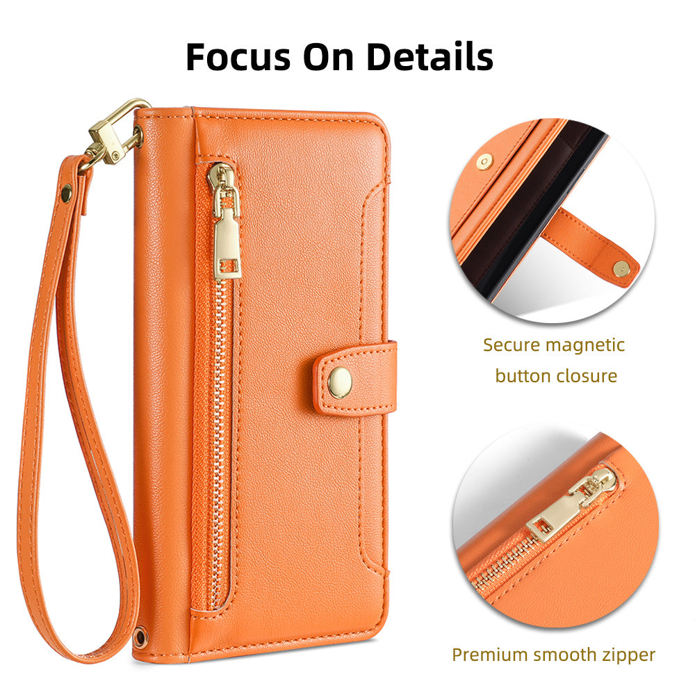 For Oppo A58 5G Textured PU Leather Wallet Case Multiple Card Slots Magnetic Closure Zipper Pocket Stand Phone Cover with Wrist Strap and Shoulder Strap