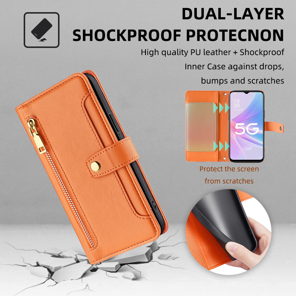 For Oppo A58 5G Textured PU Leather Wallet Case Multiple Card Slots Magnetic Closure Zipper Pocket Stand Phone Cover with Wrist Strap and Shoulder Strap