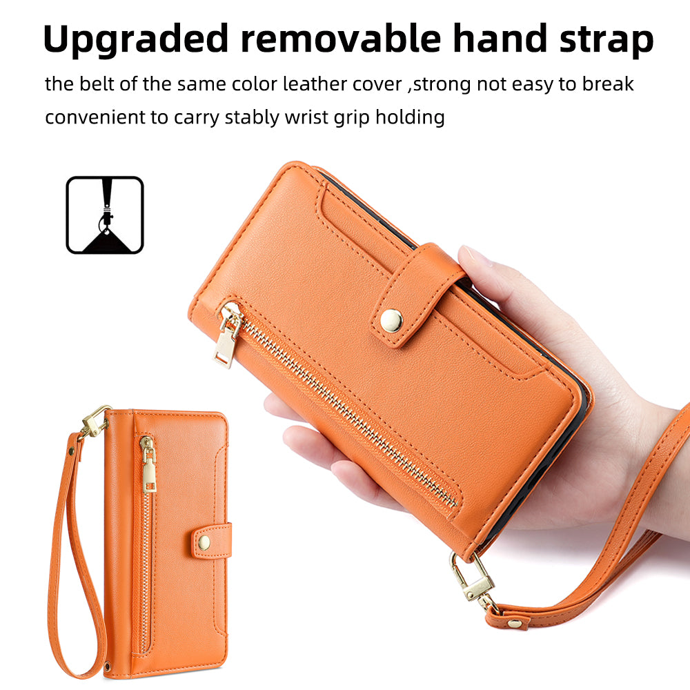 For Oppo A58 5G Textured PU Leather Wallet Case Multiple Card Slots Magnetic Closure Zipper Pocket Stand Phone Cover with Wrist Strap and Shoulder Strap