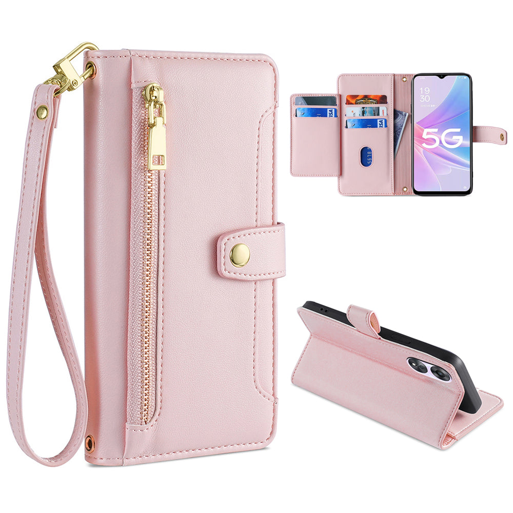 For Oppo A58 5G Textured PU Leather Wallet Case Multiple Card Slots Magnetic Closure Zipper Pocket Stand Phone Cover with Wrist Strap and Shoulder Strap