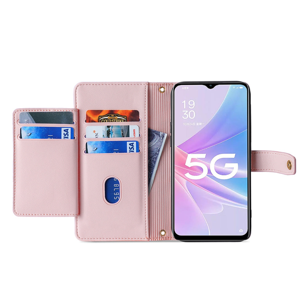 For Oppo A58 5G Textured PU Leather Wallet Case Multiple Card Slots Magnetic Closure Zipper Pocket Stand Phone Cover with Wrist Strap and Shoulder Strap