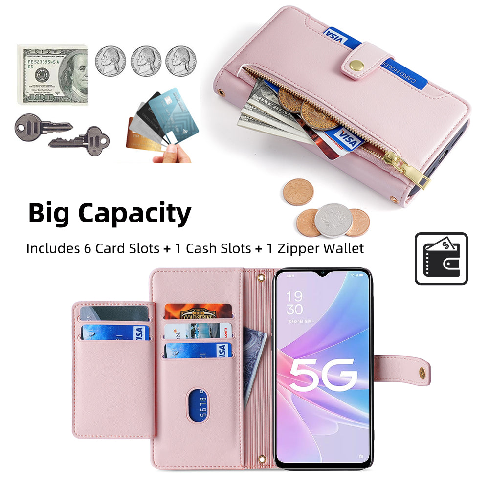 For Oppo A58 5G Textured PU Leather Wallet Case Multiple Card Slots Magnetic Closure Zipper Pocket Stand Phone Cover with Wrist Strap and Shoulder Strap