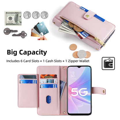 For Oppo A58 5G Textured PU Leather Wallet Case Multiple Card Slots Magnetic Closure Zipper Pocket Stand Phone Cover with Wrist Strap and Shoulder Strap