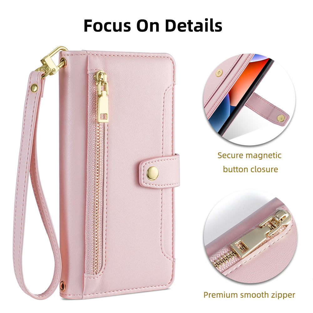 For Oppo A58 5G Textured PU Leather Wallet Case Multiple Card Slots Magnetic Closure Zipper Pocket Stand Phone Cover with Wrist Strap and Shoulder Strap