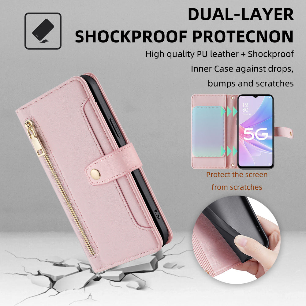 For Oppo A58 5G Textured PU Leather Wallet Case Multiple Card Slots Magnetic Closure Zipper Pocket Stand Phone Cover with Wrist Strap and Shoulder Strap