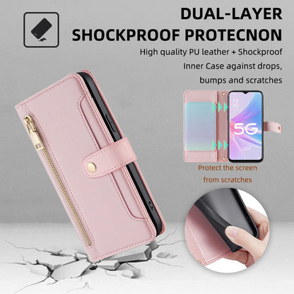 For Oppo A58 5G Textured PU Leather Wallet Case Multiple Card Slots Magnetic Closure Zipper Pocket Stand Phone Cover with Wrist Strap and Shoulder Strap