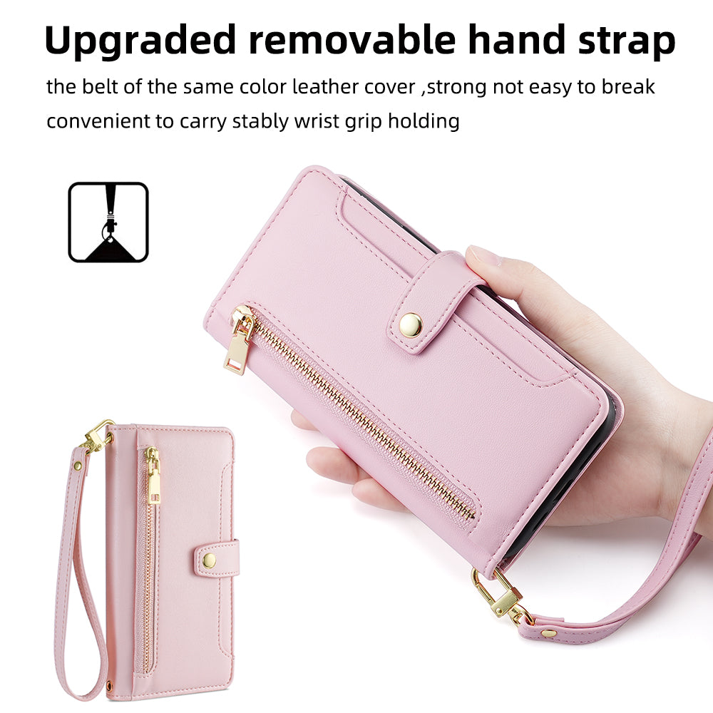 For Oppo A58 5G Textured PU Leather Wallet Case Multiple Card Slots Magnetic Closure Zipper Pocket Stand Phone Cover with Wrist Strap and Shoulder Strap