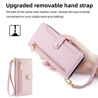 For Oppo A58 5G Textured PU Leather Wallet Case Multiple Card Slots Magnetic Closure Zipper Pocket Stand Phone Cover with Wrist Strap and Shoulder Strap