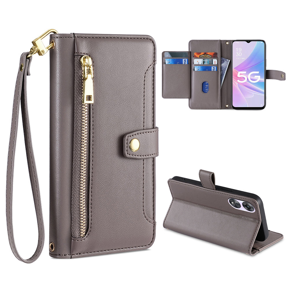 For Oppo A58 5G Textured PU Leather Wallet Case Multiple Card Slots Magnetic Closure Zipper Pocket Stand Phone Cover with Wrist Strap and Shoulder Strap